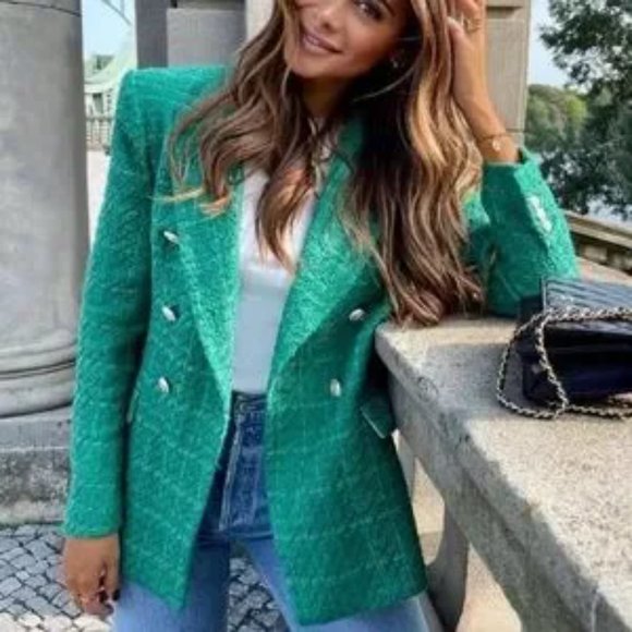 ZARA Balmain Style Double Breasted Blazer Textured Green - Picture 2 of 15